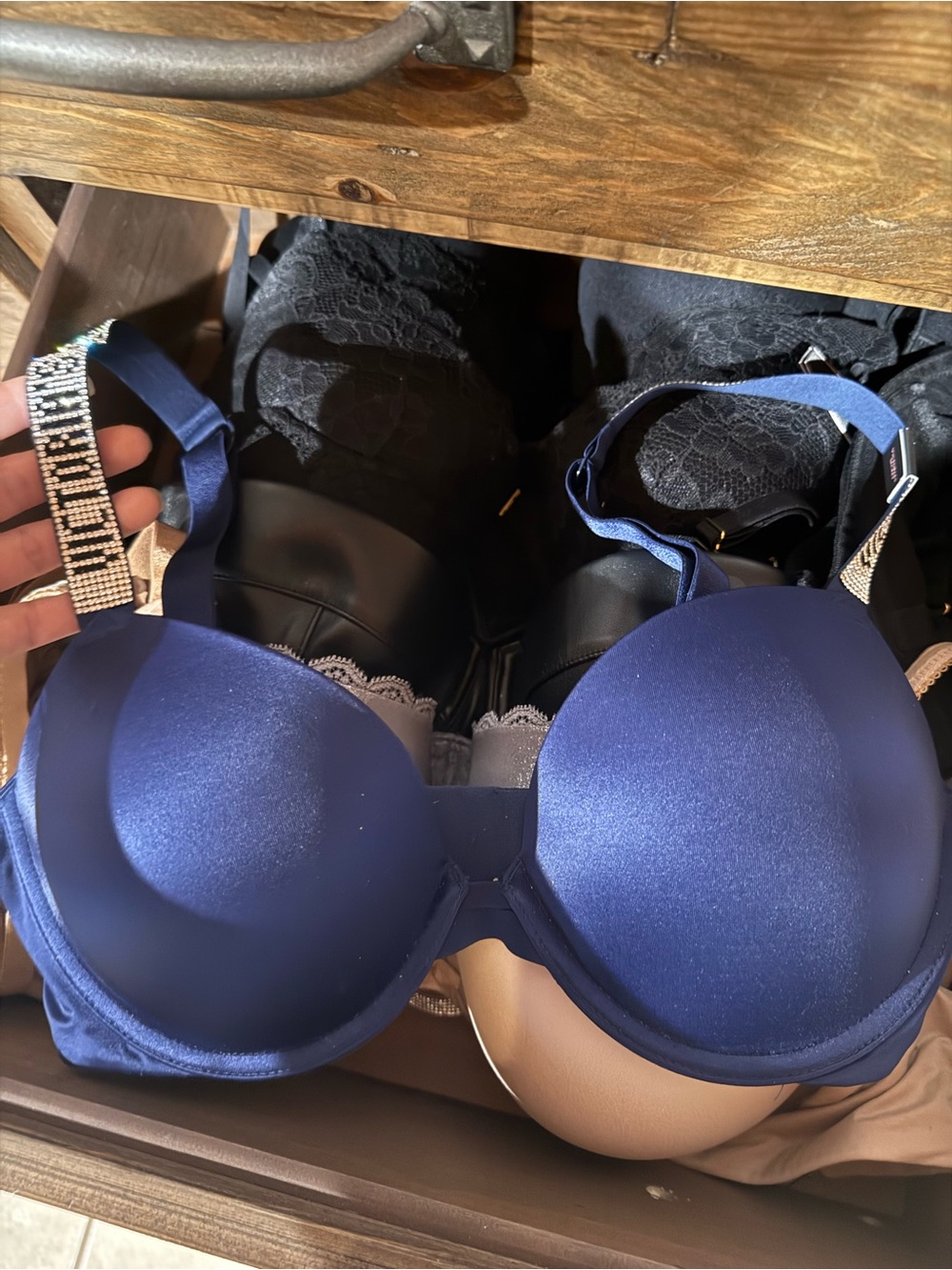 NWT Victoria's Secret Satin Push Up Bra in Deep Blue with Embellished Straps